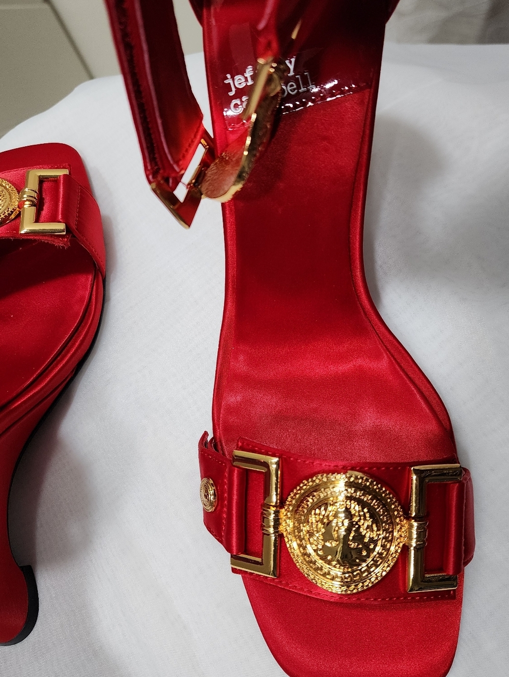 Jeffrey Campbell Red Satin Medallion Ankle-Strap Heels - Picture 2 of 6